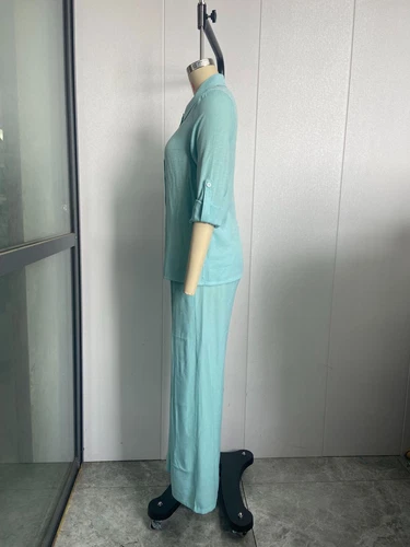 Damen Baumwolle Leinen Anzug Hemd Lockere Hose Set Langarm Freizeit Sets Sommer - Bild 17 von 32