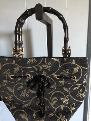 Black Gold Jacquard Double Black Bamboo Handle Handbag Small Tote Talbots