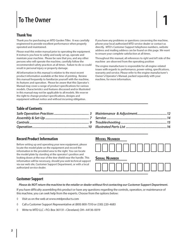 Owner’s Manual & Parts List MTD World Tiller Model Series 210-240 - Image 2 of 4