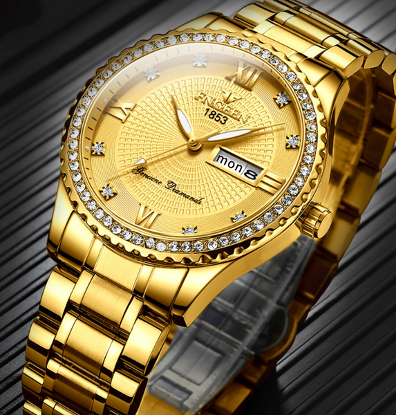 Reloj dorado clásico para hombre, resistente al agua, acero inoxidable, cuarzo, analógico, regalo de negocios 4