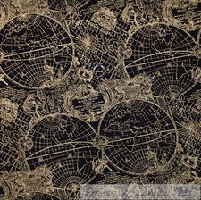 BonEful Fabric FQ Cotton Quilt Black Gold Metallic Globe World Map Nautical SALE