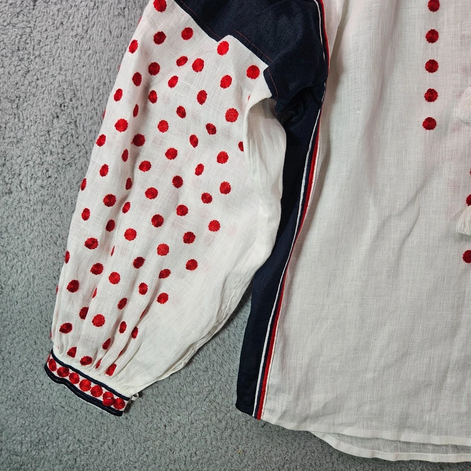 Camisa Top Vita Kin Mujer XS 100% Lino Bordada Botón a Presión Blanca Azul Marino Rojo Foto 3 de 4