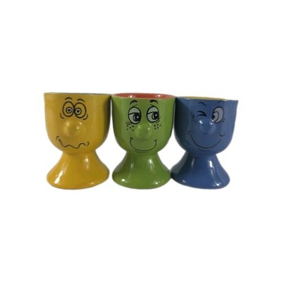 90er Retro Passatwinde bunte lustige Gesichtsausdrücke Keramik Eierbecher x 3