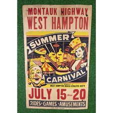Antiguo póster de carnaval de payaso de Long Island Montauk West Hampton años 50 anuncio volante EE. UU.