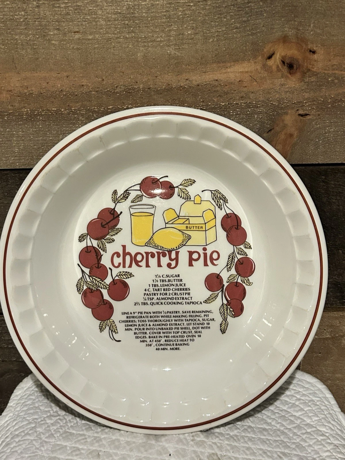 VTG Cherry Pie Dish With Printed Recipe Hankook Super Strong