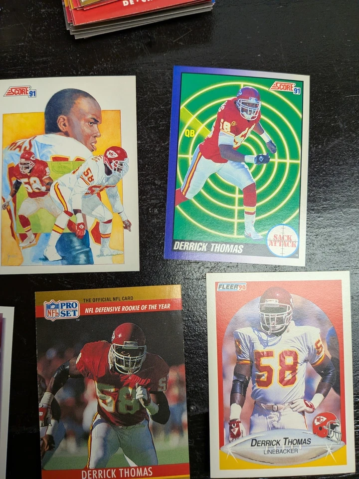 Lote de tarjetas KC Chiefs años 90 puntuación flota cubierta superior fútbol Derrick Thomas  Foto 3 de 4