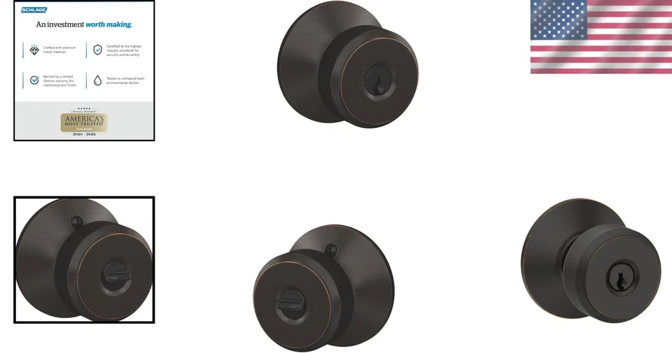 Perilla de puerta cerradura de entrada con llave bronce envejecido cobre tamaño estándar Foto 2 de 4