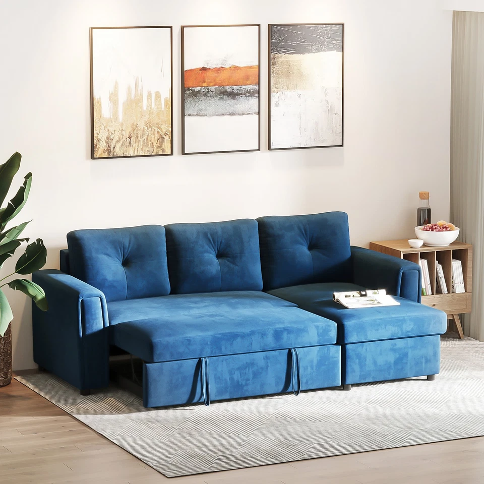 HOMCOM Divano Letto Angolare 3 Posti in Velluto e Chaise Longue con Contenitore - Immagine 3 di 4