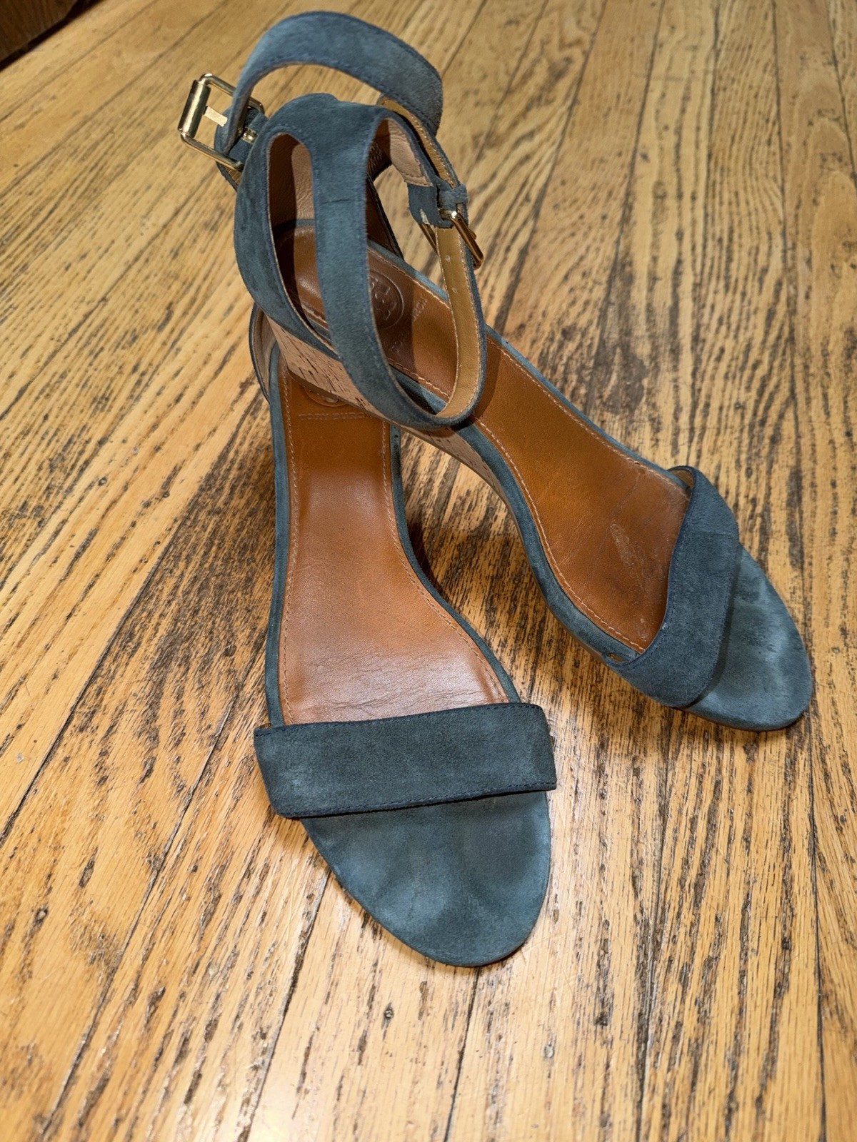 Tory Burch Blue Suede Ankle Buckle Strap Cork Wedge Sandals Sz Women’s 8.5M  thumbnail 5