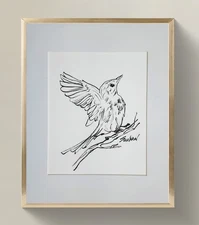 Original Ink Bird Drawing on Watercolor Paper_ Minimalist Art Signed by Artist