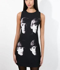 💕$495  ALICE & OLIVIA THE BEATLES FAB FOUR CLYDE MINI SHIFT BLACK DRESS SZ 0