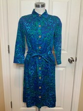 St. John Sport Blue & Green Animal Print Belted Shirt Dress, Size P