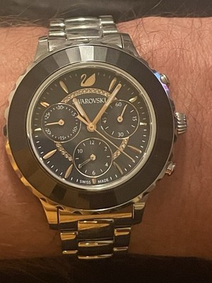 Swarovski Octea Lux Swiss Chronograph Watch Black Crystal Bezel Box Nice 39.5mm