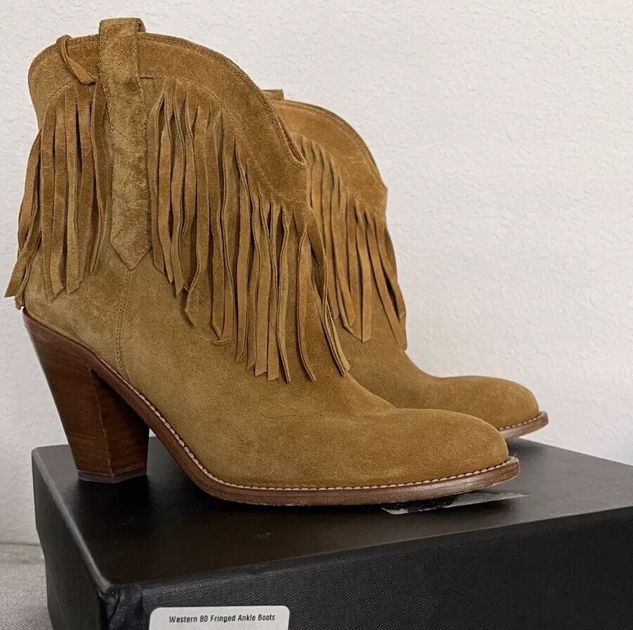 Stivaletti Saint Laurent Western 80 marroni marroni scamosciati frange 40 US 10