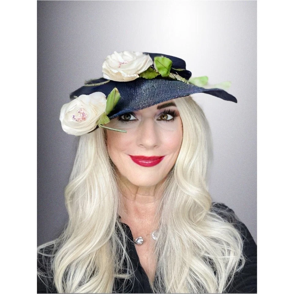 vtg RETRO 50s Womens Saucer Hat Wide Brim Church Dark Navy Straw Flowers O/S - Image 2 of 4