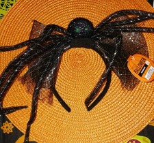 Halloween Spider Headband Black Tule Glittery Green Eyes