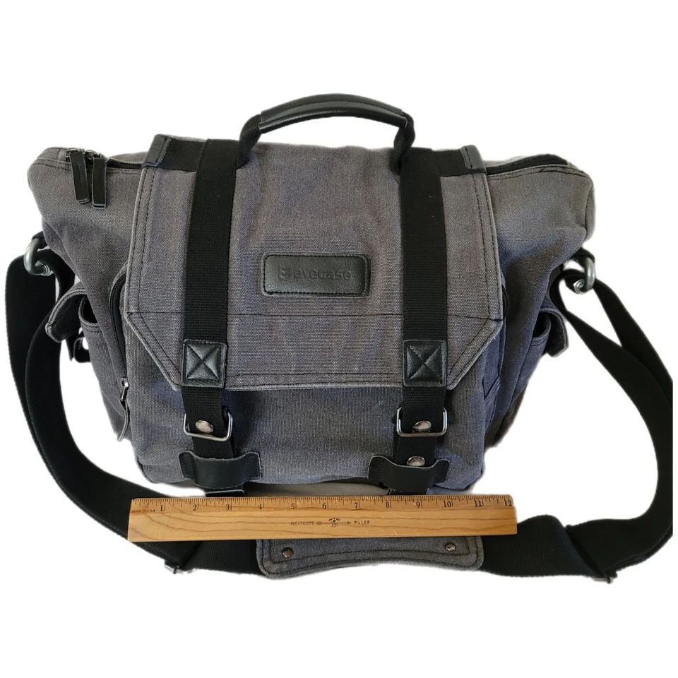 Bolso para cámara de lona gris Evecase correas negras muchos bolsillos Foto 2 de 4