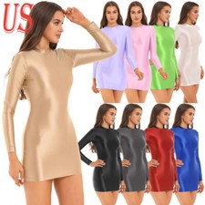 Woman's Shiny Oil Silk Long Sleeve Bodycon Dress Stretchy Night Club Party Dress