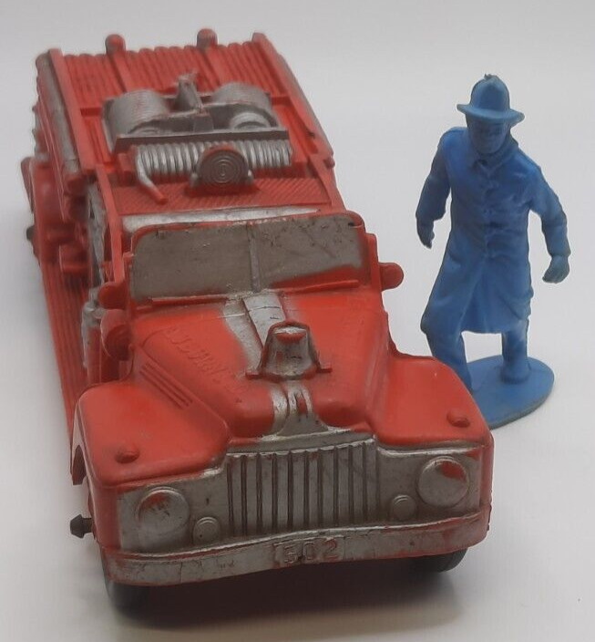 Auburn Rubber Fire Truck , Fireman Figure & Green Rescue Truck Vintage 1950's