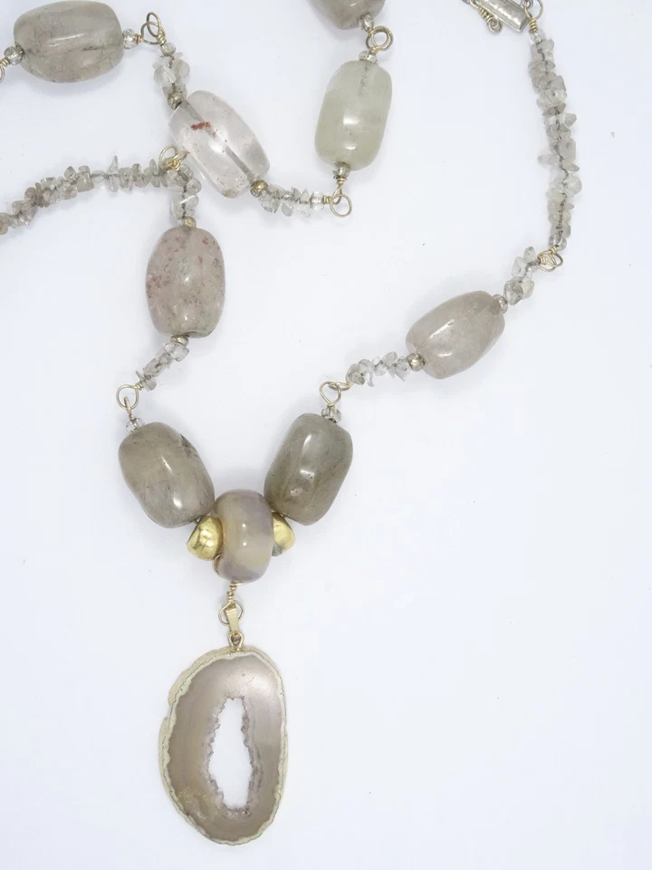 COLLAR COLGANTE VINTAGE PIEDRA LUNA y CUARZO CON GEODA CRISTAL Foto 3 de 4