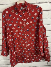 John Mark Women's Size L Red/Multicolor Long Sleeve Button Up Blouse 100% Silk