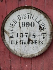 1990 Glentauchers Whisky Barrel lid  22" wide w end hoop, ready to hang
