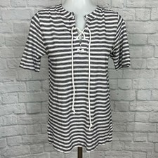LOFT Women's XS Top Striped White Navy Blue Lace-Up Neckline Short Sleeve Shirt