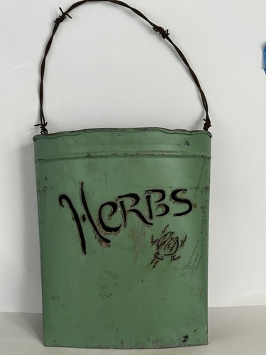 Vintage Tin Herb Hanging Basket & Plant Poles Tole Painted Jadeite Green - Picture 7 of 24