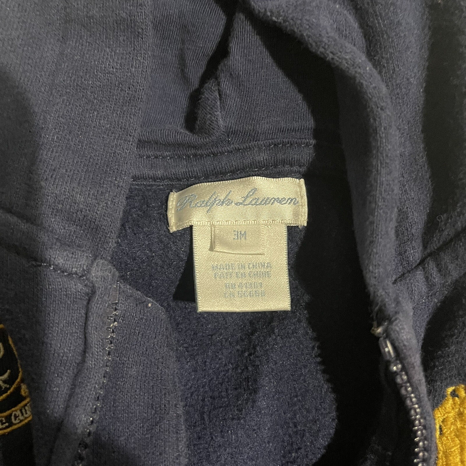 Felpa Ralph Lauren Navy con cappuccio e zip intera con logo giallo Big Pony Taglia 3 mesi