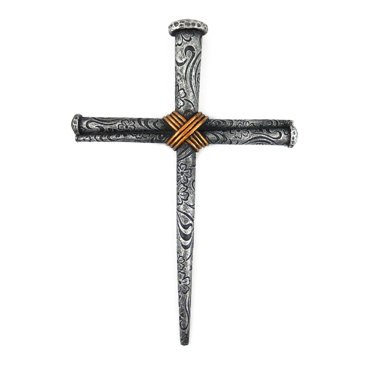 Small Crossed Nails Resin Wall Cross Etched Floral Pattern Silver