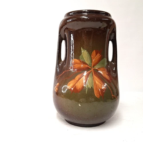 Antique McCoy Loy-Nel Art Pottery Vase w/ Dual Handles & Painted Leaves - AS IS