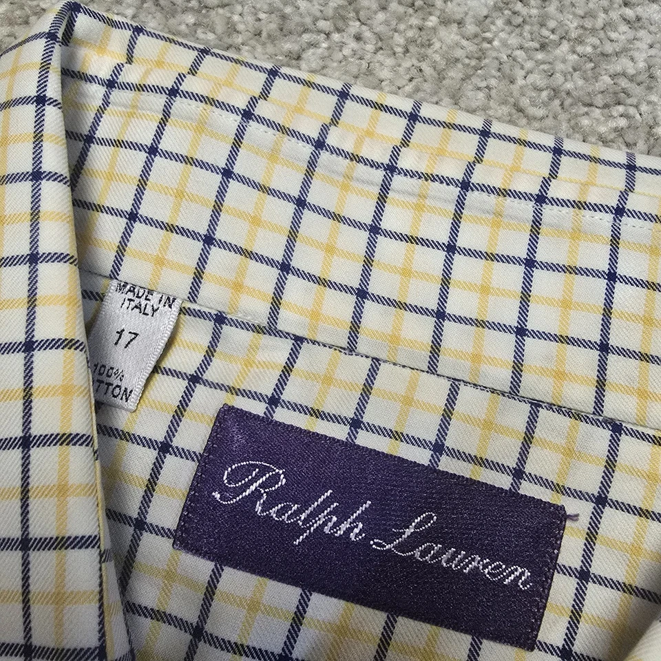 Ralph Lauren Purple Label Men’s Dress Shirt 17 Made in Italy Yellow Blue Check - Image 2 of 4