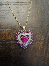 Sterling Silver Pink Ruby  White Stone Heart Pendant  Chain 19"