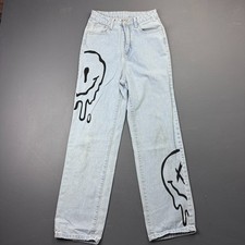 HEIN Drip Smiley Face Jeans Women's XS Blue Denim Light Wash Grunge Streetwear