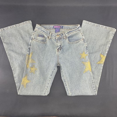 Vtg Y2K Bubblegum Jeans Womens 3/4 Flare Gold Glitter Embroidered Stars Low Rise