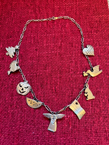 Vtg Sterling Silver Navajo Nizhoni Traders 9 Charm Necklace Love Heart Tree Bird