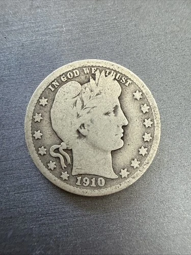 1910 D U.S. Silver Barber Quarter Dollar, 90% Silver