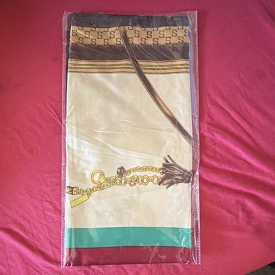 Women s Silk Satin Square Scarf Geometric Logo Print Cream Brown Green Gold