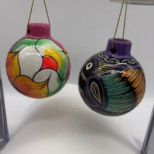 Mexican Tonala Ornaments Bird and Flower Design Christmas Set Of 2