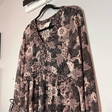 Knox Rose Mini Dress Floral Boho Brown Long Sleeve V-Neck Size Large