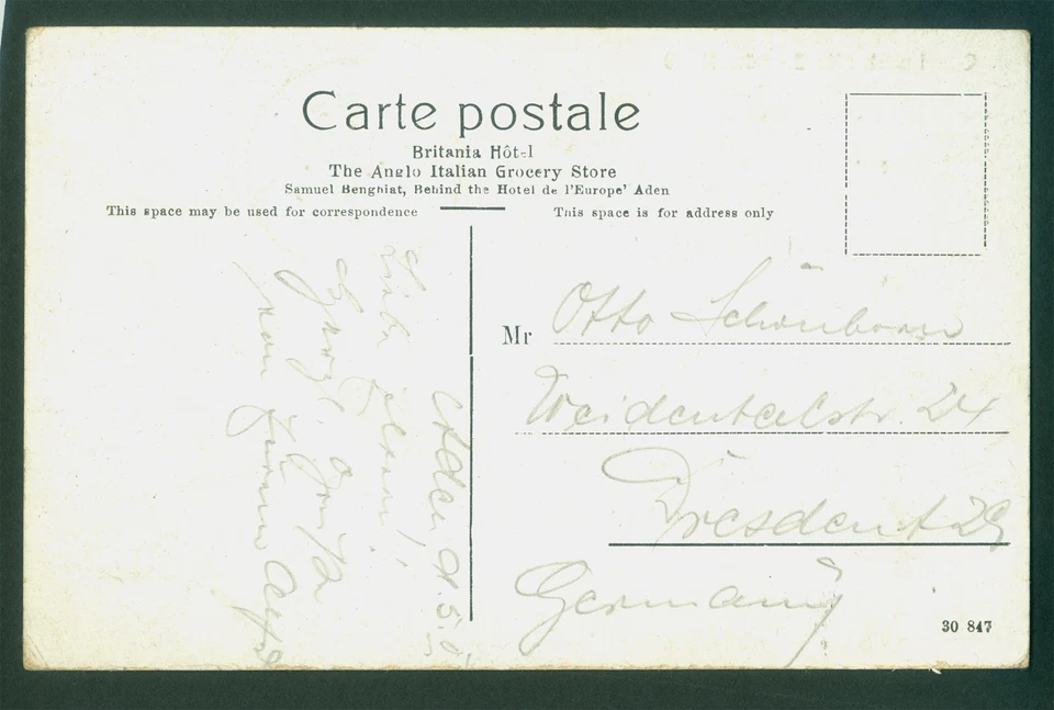 Postal de las Colonias Británicas ADEN 1911 "Mercado de Camellos" con B. India KEVII 1c a Alemania Foto 2 de 2