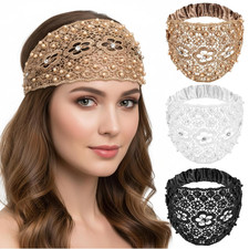 3 Pieces Headbands for Women Wide Lace Boho Headband Boho Pearl Headband Hair