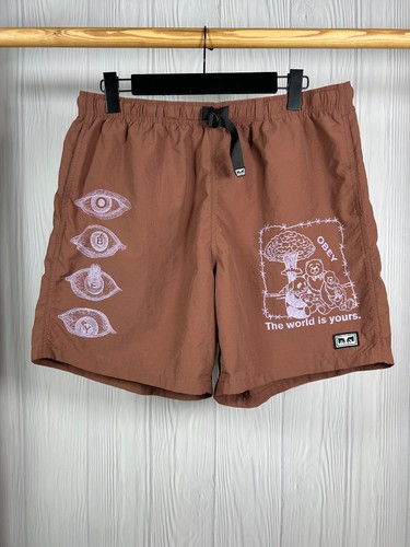 OBEY Easy No Time Brown Nylon Shorts Rare Design Size L