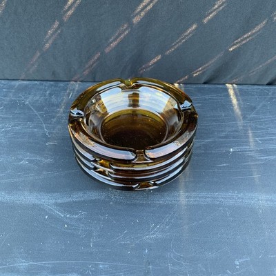 4 Vintage Amber  Glass  Small Ashtray  Round  4 Rest Bays 4.5'' MCM Retro Dark