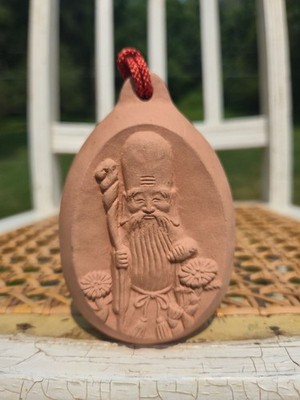 Vintage Japanese clay bell Dorei monk w/ staff & flowers Japan Art collection