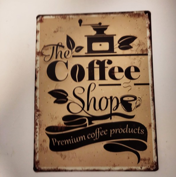 Cartel Metálico Vintage “The Coffee Shop – Premium Coffee Products” – Decoración