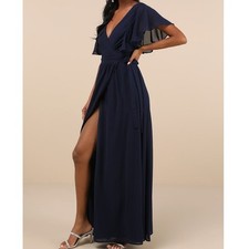 NEW Lulus Convincing Grace Navy Blue Flutter Sleeve Woven Wrap Maxi Dress Large