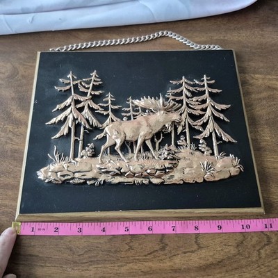 Vintage Wall Hanging Plaque 3D Faux Copper Moose Trees Vintage