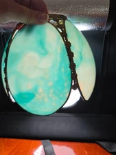 Vintage Slag Glass Tulip Lamp Shade Art Deco Style Blue Panels Metal Trim