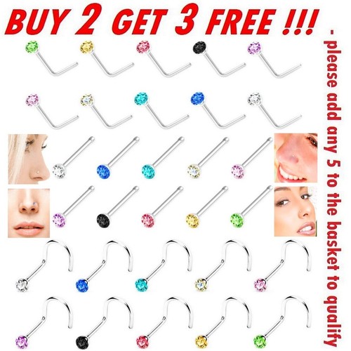 Nose Studs Straight I L Screw Shape Silver Gold Surgical Steel Set Pins Piercing - Picture 2 of 36